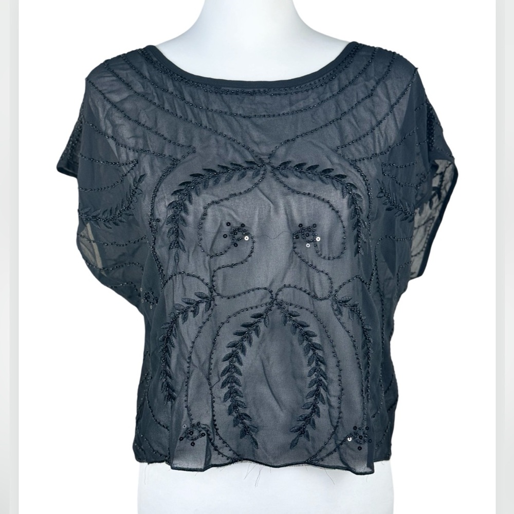 Verte NWT Black Lux Beaded Sequin Relaxed Fit Blouse Top Large Francesca’s